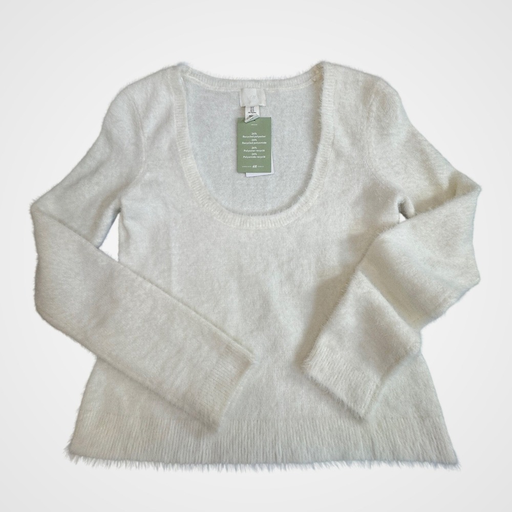 H&M Conscious White Fluffy Eyelash Knit Scoop Neck Sweater Womens Medium NEW